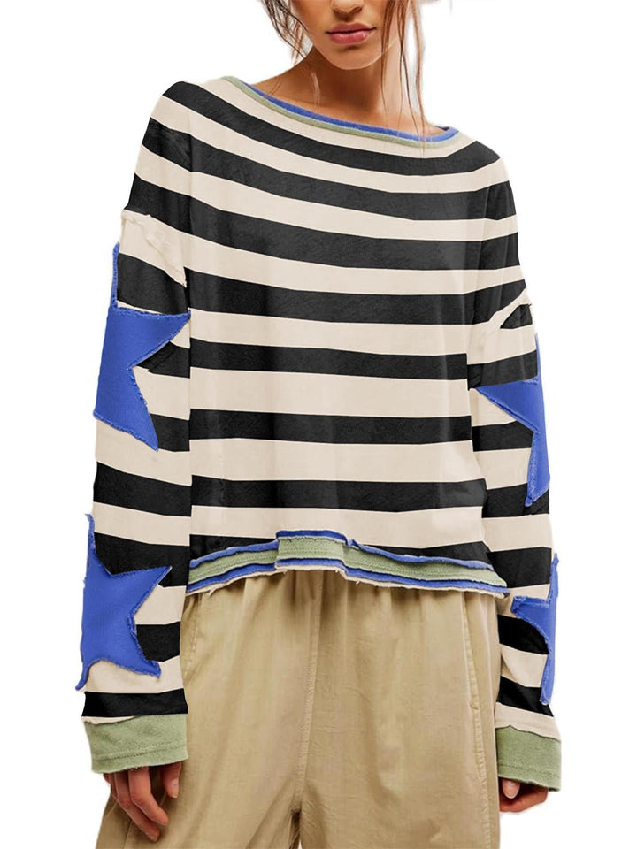 Damen Lässiger Sweatshirt mit Gestreiftem Design und Sternenapplikationen Echoarchiv