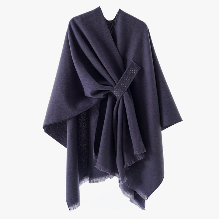 Damen Eleganter Wickel-Umhang aus Wollmischung mit Taillenschärpe und Fransensaum – Avérine