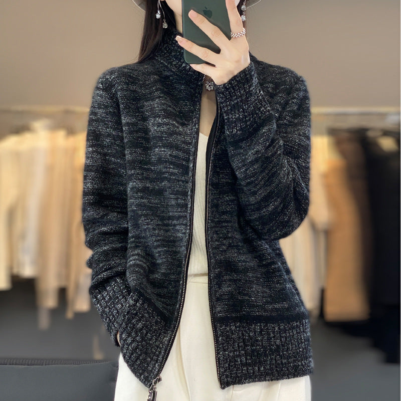 Damen Reißverschluss‑Strickjacke mit melierter Struktur und Stehkragen Echoarchiv