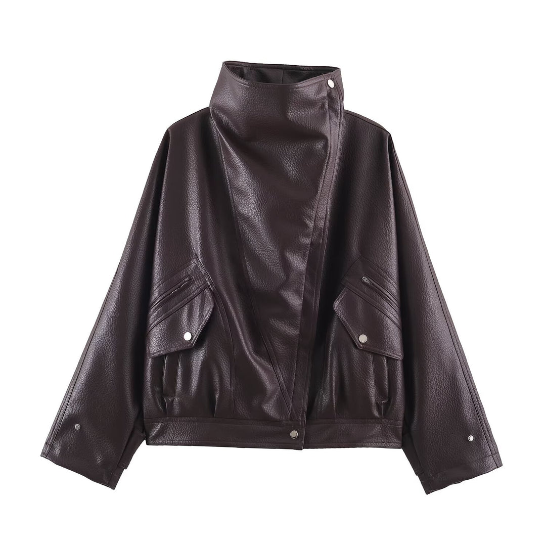 Damen Oversized Kunstleder-Capejacke mit hohem Stehkragen und Pattentaschen Echoarchiv