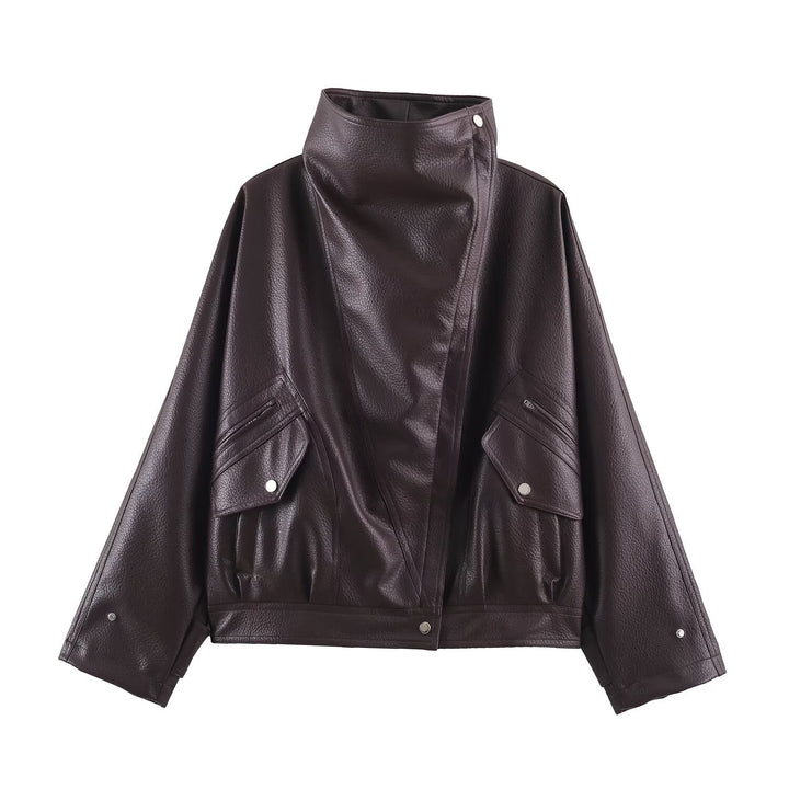 Damen Oversized Kunstleder-Capejacke mit hohem Stehkragen und Pattentaschen Echoarchiv