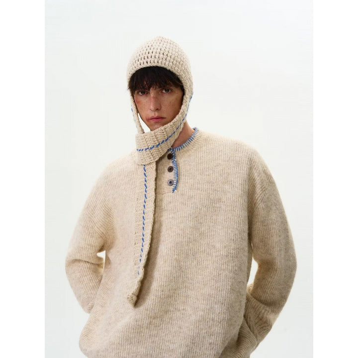 Herren Grobstrick-Henley-Pullover mit Bouclé-Optik und kontrastierten Bündchen Echoarchiv