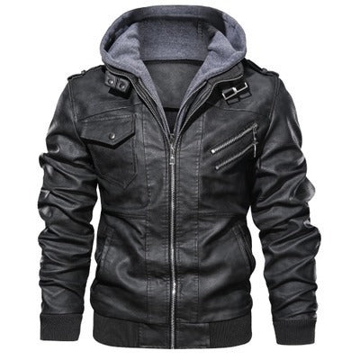 Herren Lederimitat-Fieldblouson mit innenliegendem Hoodie, Reißverschluss-Brusttaschen und Rippbündchen – Taviero