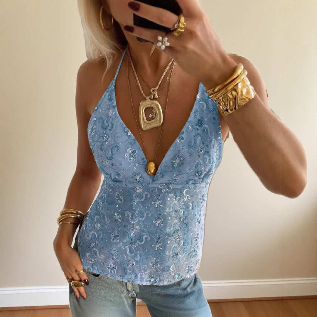 Damen Elegantes Spitzentop mit tiefem V-Ausschnitt und feiner Bestickung Echo Archiv