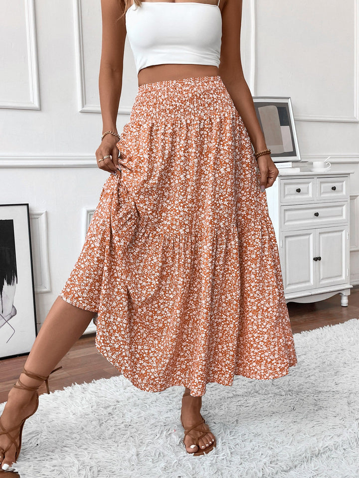 Damen Langer Rock mit floralem Print und elastischem Bund Echoarchiv