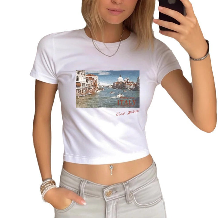 Damen Crop-T-Shirt mit kreativem Augenmotiv und Tourdruck Echo Archiv