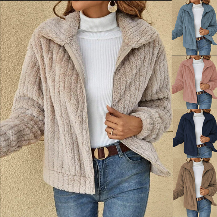 Damen nan kuschelige Teddyjacke mit durchgehendem Reißverschluss, Stehkragen und Eingrifftaschen Echo Archiv
