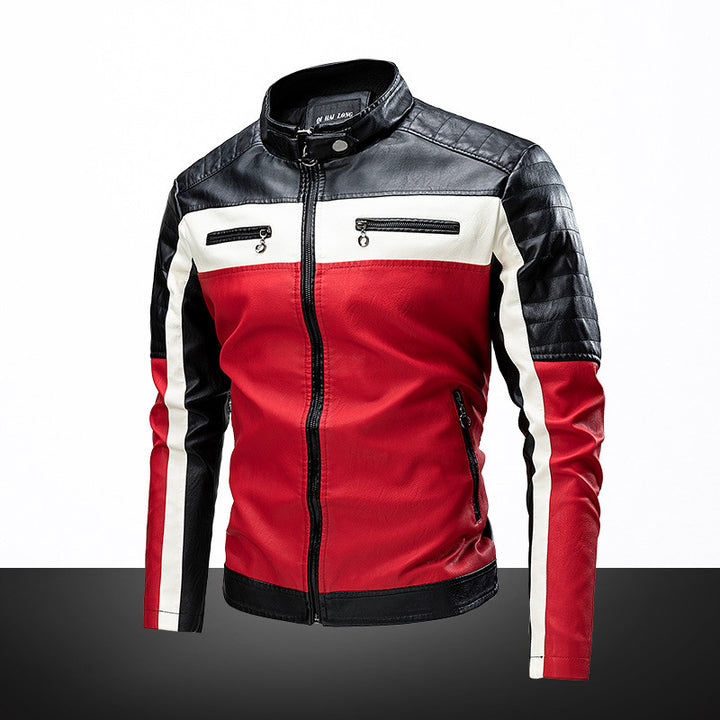 Herren Biker-Lederjacke im Retro-Rennstil mit Stehkragen und Kontraststreifen – Valtoré