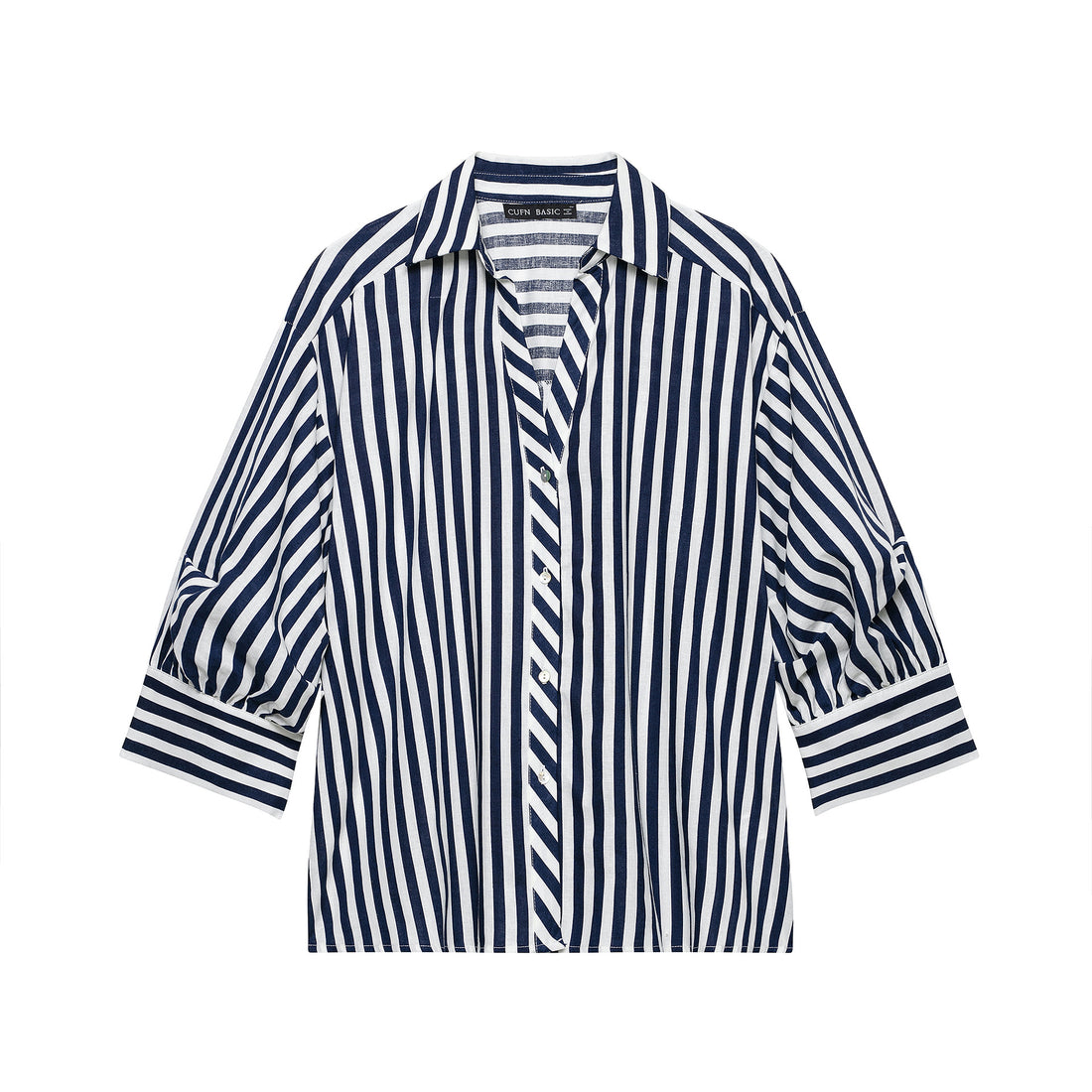 Damen Oversized Hemdbluse mit maritimem Nadelstreifen und dreiviertellangen Ballonärmeln Echoarchiv