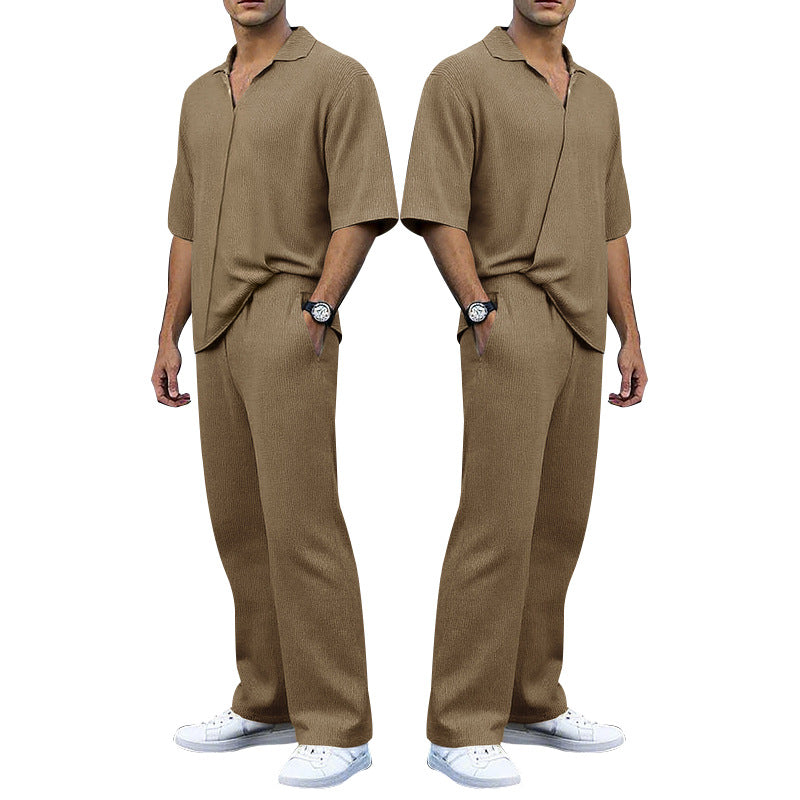Herren lässiges Strickanzug-Set mit Polohemd und weitem Bein Echoarchiv