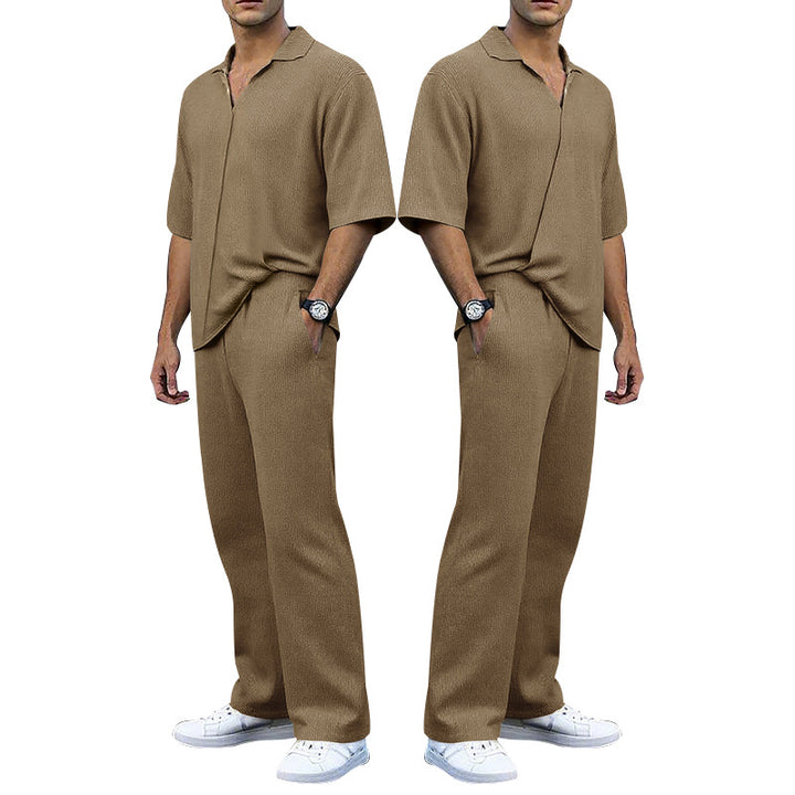 Herren lässiges Strickanzug-Set mit Polohemd und weitem Bein Echoarchiv