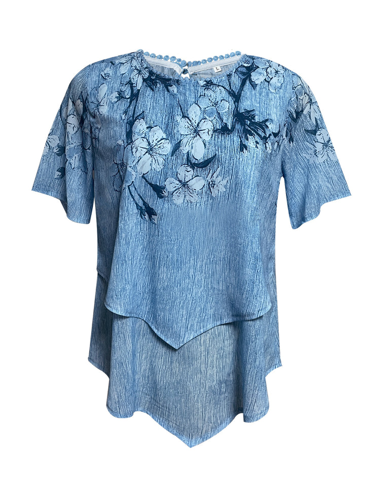 Damen nan zweilagiges Blusenkleid mit asymmetrischem Stufensaum, floraler Druckpasse und Flügelärmeln Echo Archiv