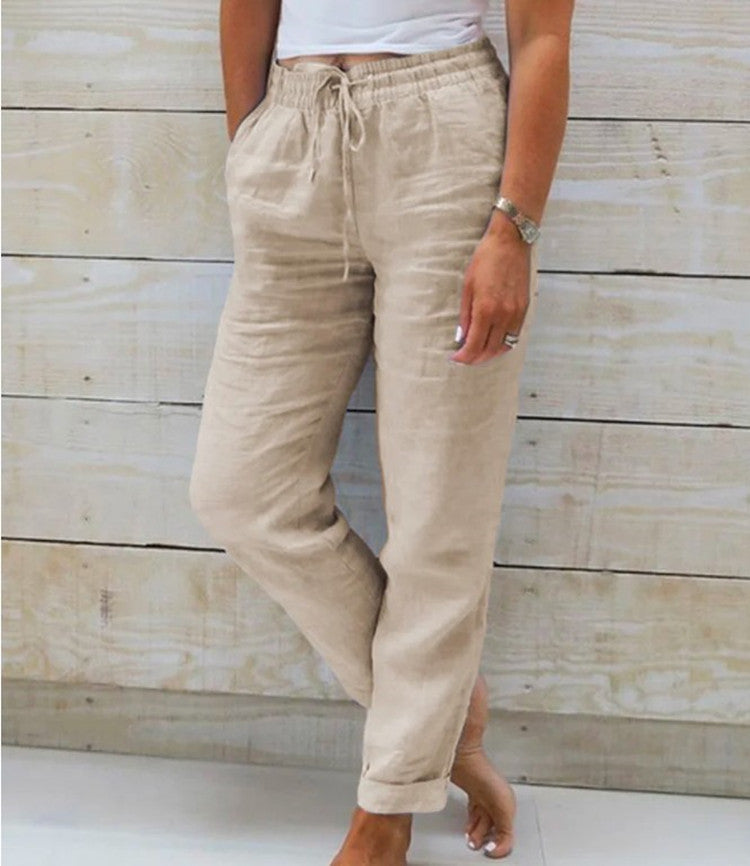 Damen nan lässige Leinenhose mit elastischem Bund und Kordelzug Echo Archiv
