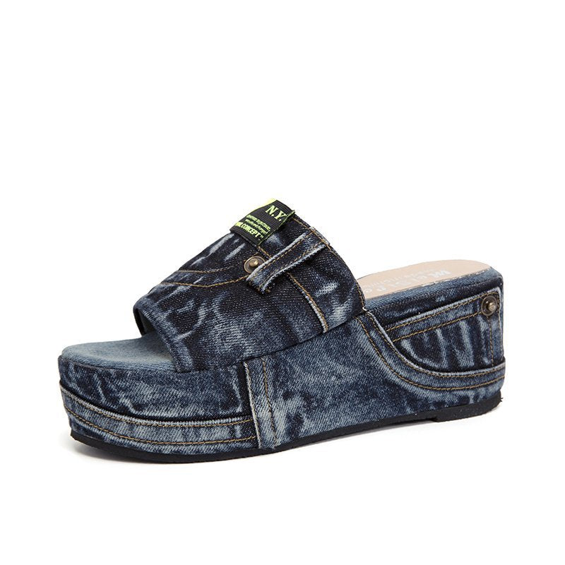 Damen nan Denim-Optik Plateau-Pantolette mit offener Zehenpartie und gepolstertem Fußbett Echo Archiv