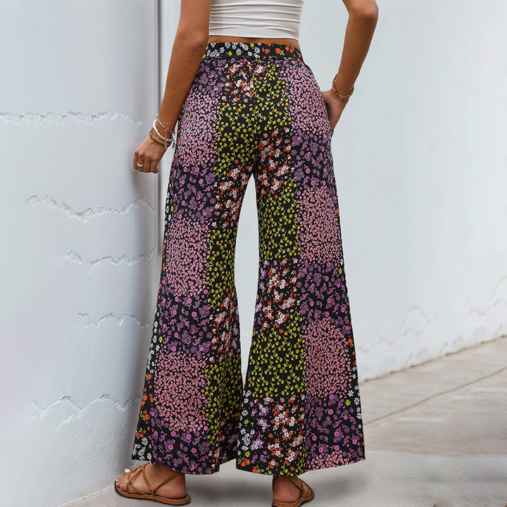 Damen Weite High-Waist Palazzo-Hose mit floralem Patchworkprint, Tunnelzug und Seitentaschen Echoarchiv