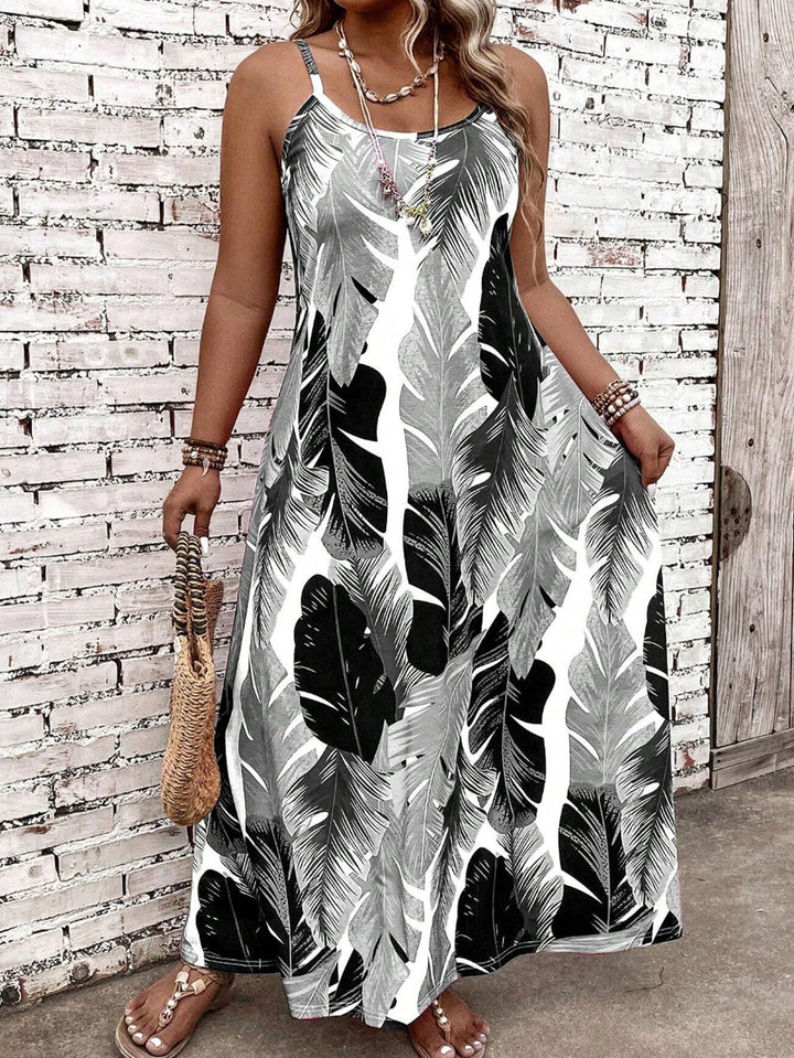 Damen Maxikleid mit aufregendem Blattmuster und schmalen Trägern Echo Archiv