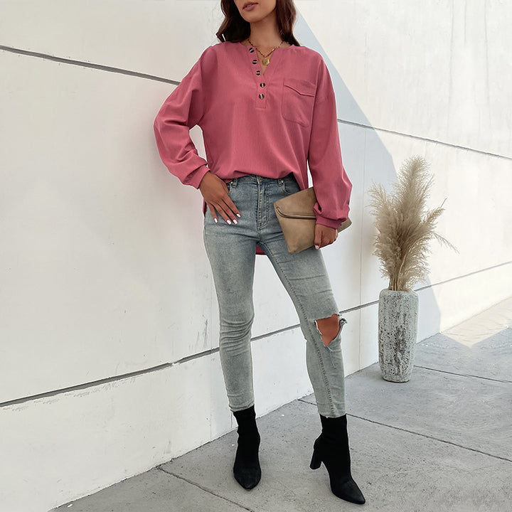 Damen Texturiertes Henley-Blusenshirt mit Knopfleiste und Brusttasche Echoarchiv