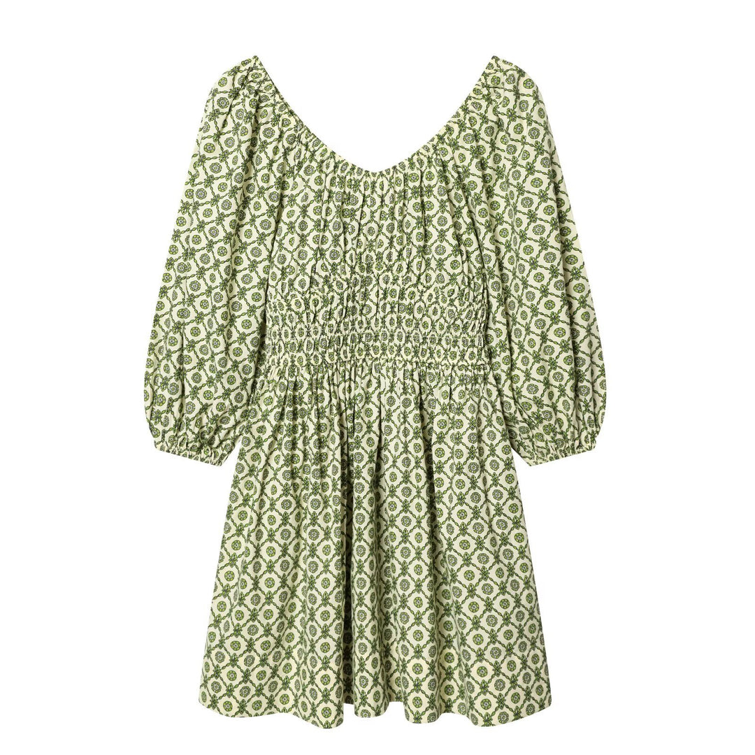 Damen Geblümtes Midikleid mit weiten Ballonärmeln, Smok-Taillenpartie und V‑Ausschnitt Echo Archiv