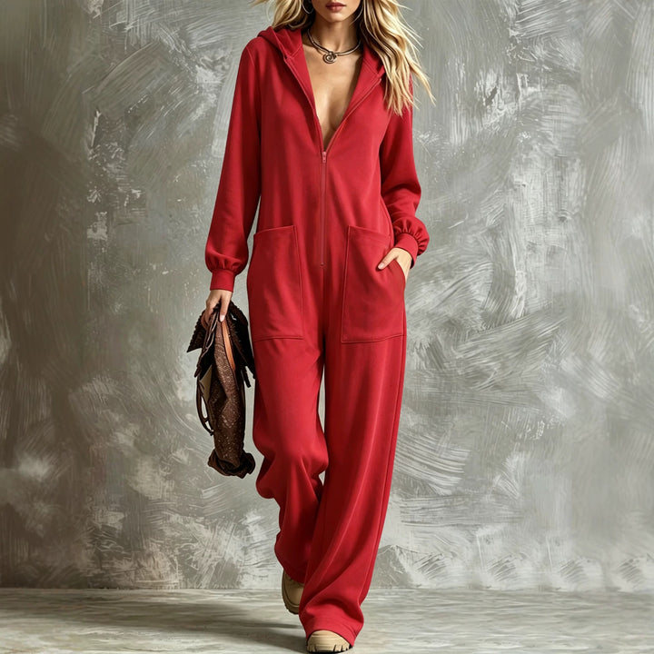Damen Kapuzen-Jumpsuit mit durchgehendem Reißverschluss und aufgesetzten Taschen Echoarchiv