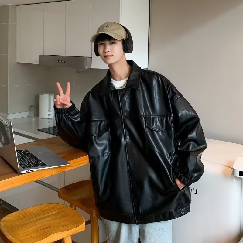 Herren Oversized PU-Leder-Shacket mit Pattentaschen und elastischen Bündchen Echoarchiv