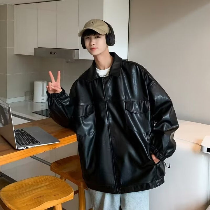Herren Oversized PU-Leder-Shacket mit Pattentaschen und elastischen Bündchen Echoarchiv