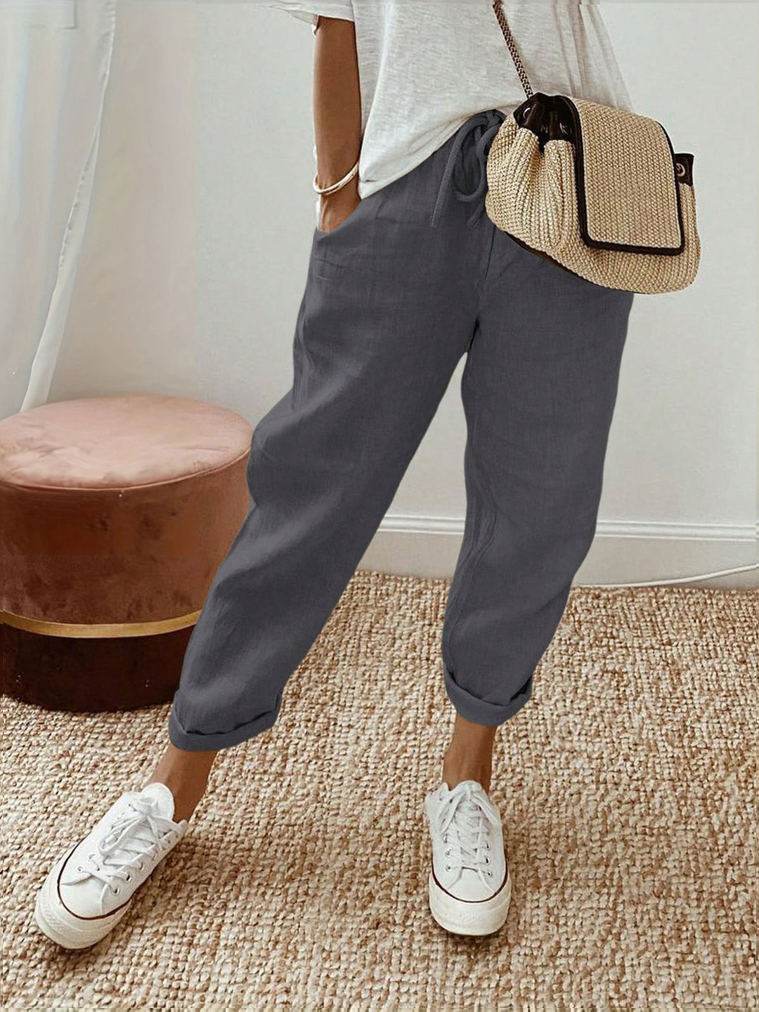 Damen Lässige Leinen-Hose mit elastischem Bund und praktischen Taschen Echoarchiv