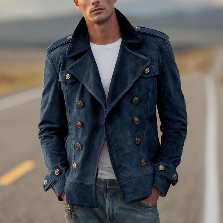 Herren nan doppeltreihige Vintage-Lederjacke mit Reverskragen und Schulterpatten Echo Archiv