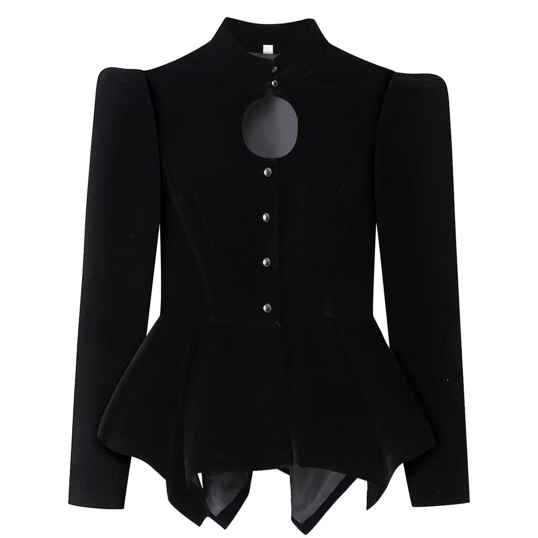Damen nan taillierte Samtjacke mit Stehkragen Cut-Out und asymmetrischem Schößchen Echo Archiv
