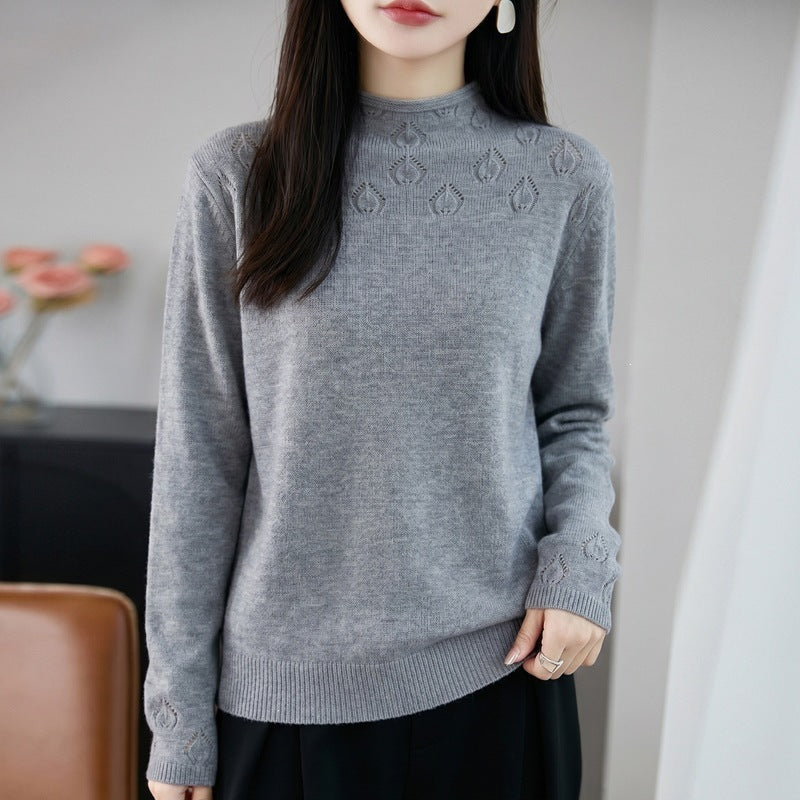 Damen Kurzrollkragenpullover aus Feinstrick mit Ajour‑Yoke und geripptem Saum Echoarchiv