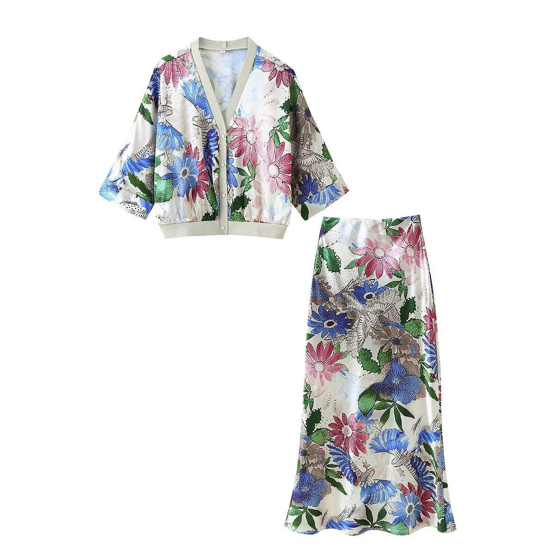 Damen Zweiteiliges Satin-Set mit floral bedruckter Kurzjacke und Bias‑Cut Midirock Echo Archiv