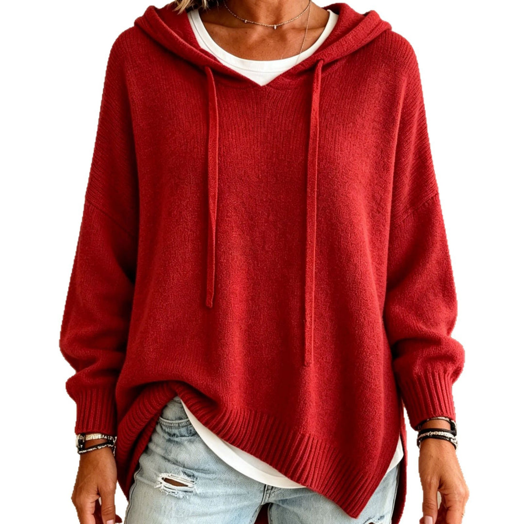 Damen Oversize Kapuzenpullover aus weichem Feinstrick mit Zier‑V‑Ausschnitt – Auréline