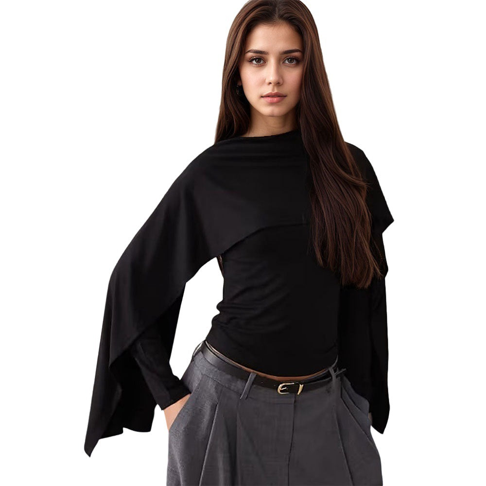 Damen asymmetrisches Cape-Longsleeve mit hohem Kragen und fließendem Overlay – Avérine