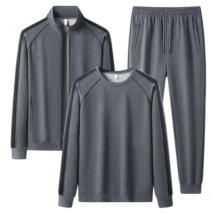 Herren Dreiteiliges Freizeit-Trainingsanzug-Set aus weichem French-Terry mit Reißverschlussjacke, Rundhals-Sweatshirt & Kordel-Jogginghose Echoarchiv