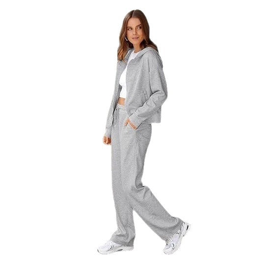 Damen zweiteiliges Lounge-Set mit Kapuzenjacke Reißverschluss und weiter Hose mit hohem Bund aus Sweatstoff – Élanora