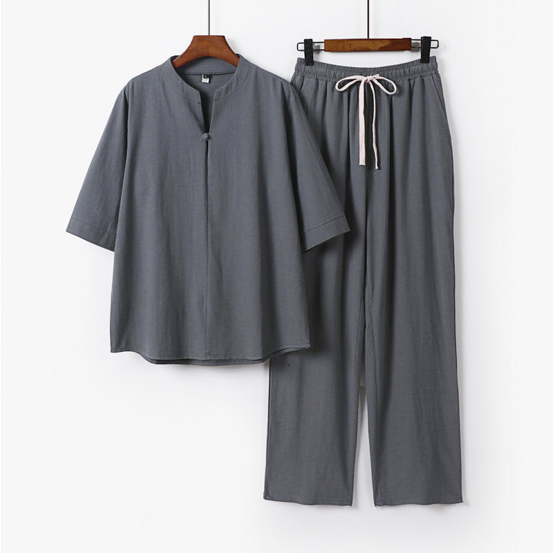 Unisex Lockeres Lounge-Set mit Stehkragen-Halbarmshirt und Elastischer Bundhose Echoarchiv