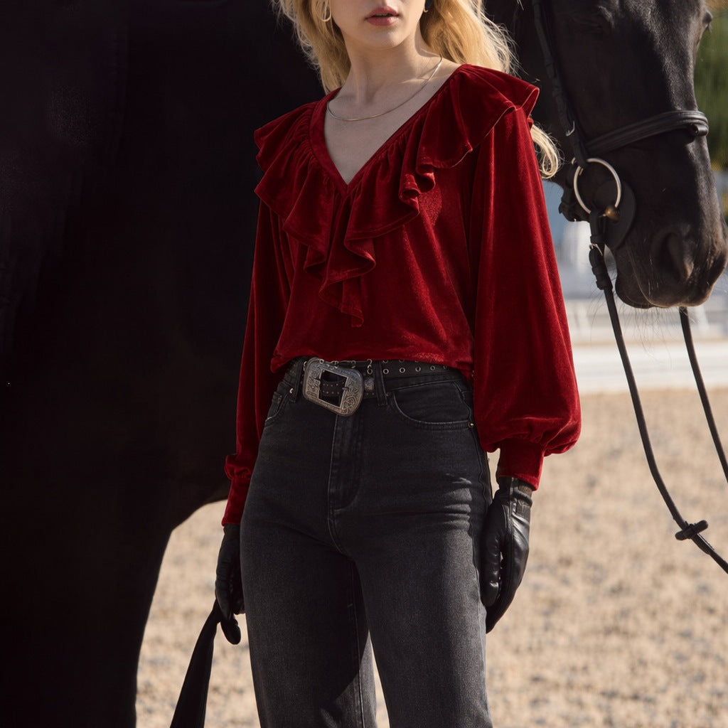 Damen schimmernde V-Neck Rüschenbluse mit Ballonärmeln und elastischen Bündchen – Élovi