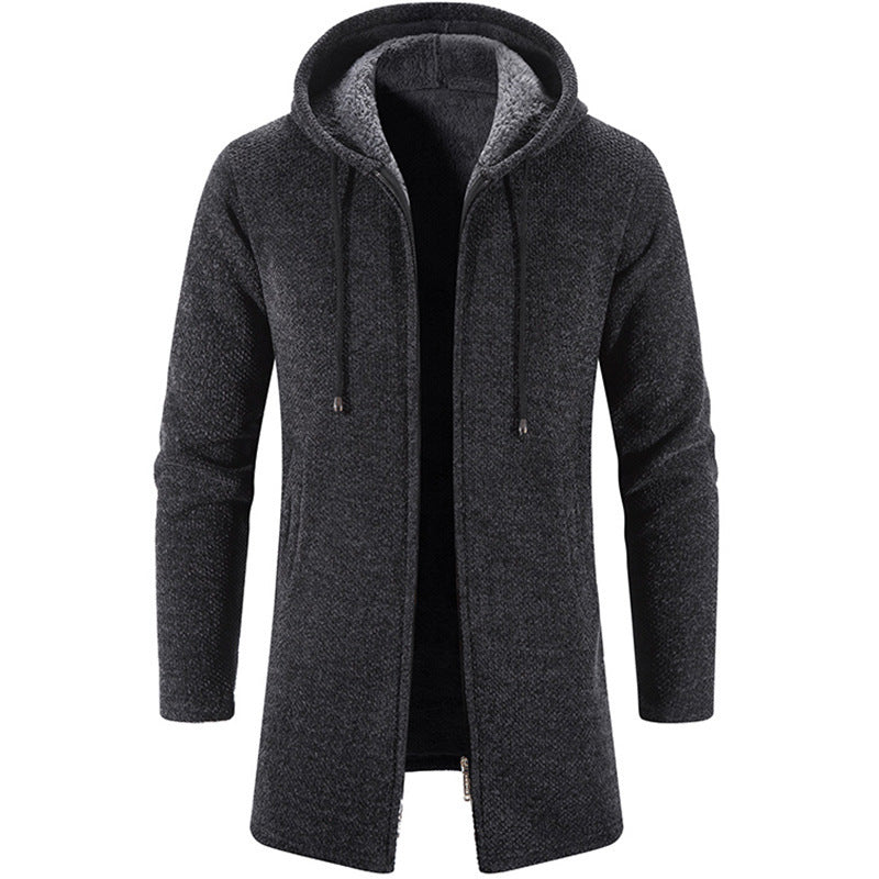 Herren nan langer Kapuzenstrickmantel mit Teddyfutter, durchgehendem Reißverschluss und seitlichen Eingrifftaschen Echo Archiv