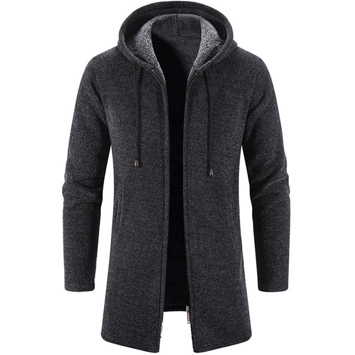 Herren nan langer Kapuzenstrickmantel mit Teddyfutter, durchgehendem Reißverschluss und seitlichen Eingrifftaschen Echo Archiv