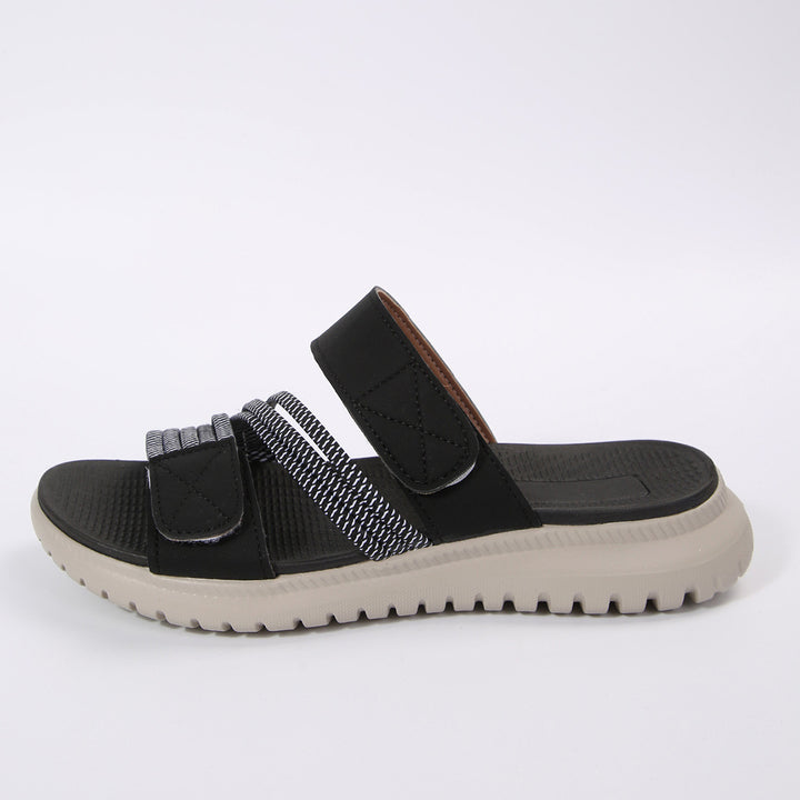 Damen Komfort-Pantolette mit verstellbaren Klettriemen, elastischen Zierbändern und stoßdämpfender Profilsohle Echo Archiv