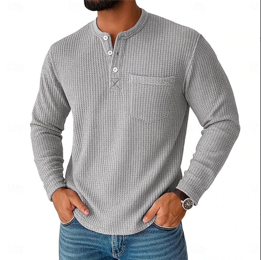 Herren Langarm Henley mit Waffelstruktur und Brusttasche thermisches Langarmshirt – Marzano