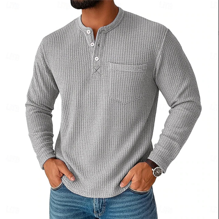 Herren Langarm Henley mit Waffelstruktur und Brusttasche thermisches Langarmshirt – Marzano