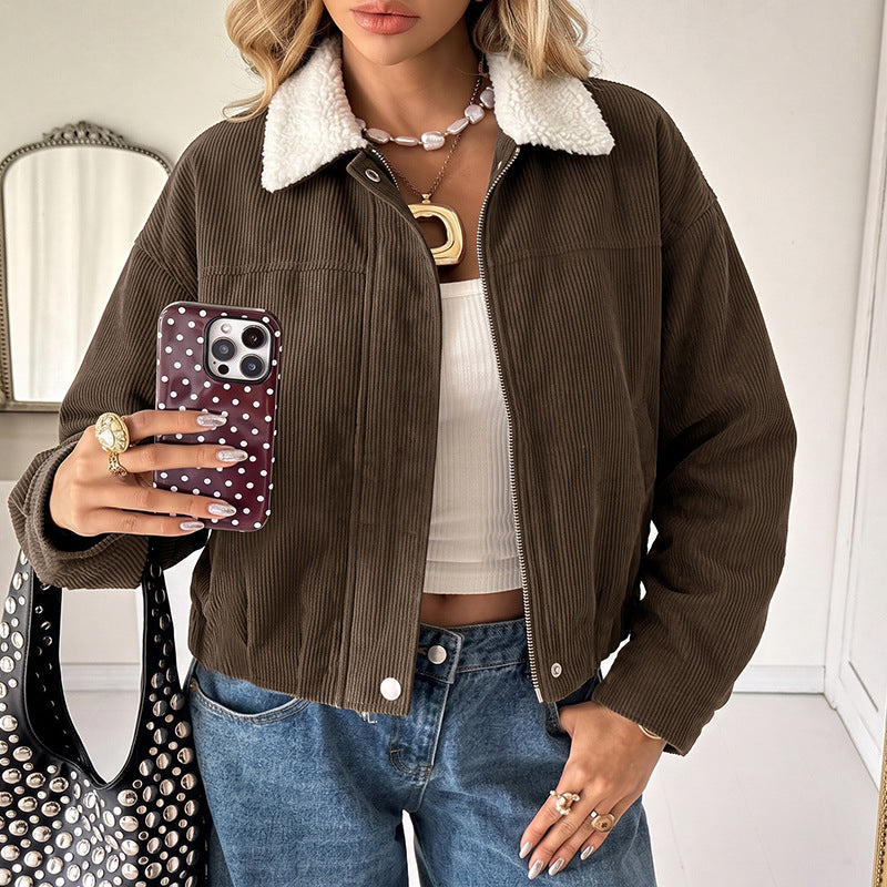 Damen Modische Cordjacke mit Fleecekragen Echo Archiv
