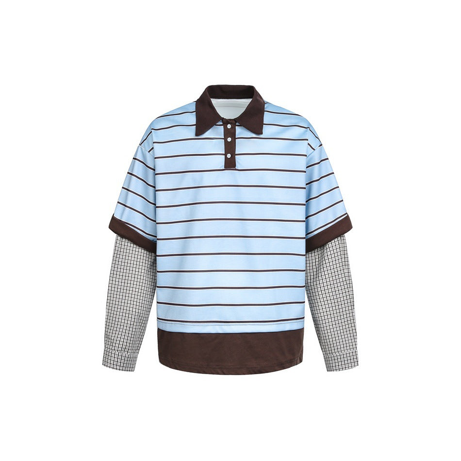Herren Lagenlook-Polo mit Streifen, Kontrastkragen und karierten Einsatzärmeln Echoarchiv
