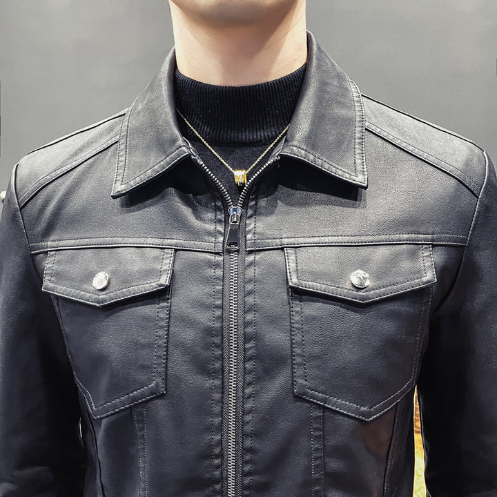 Herren Slim-Fit Kunstleder-Truckerjacke mit Hemdkragen und Brustpattentaschen Echo Archiv