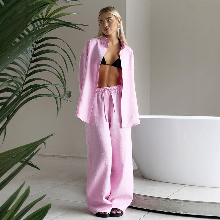 Damen luftiges Leinen-Set mit weit geschnittenem Hemd und Hose Echoarchiv