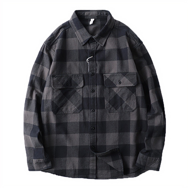 Herren Oversize Kariertes Flanell-Hemdjacke mit aufgesetzten Pattentaschen Echoarchiv