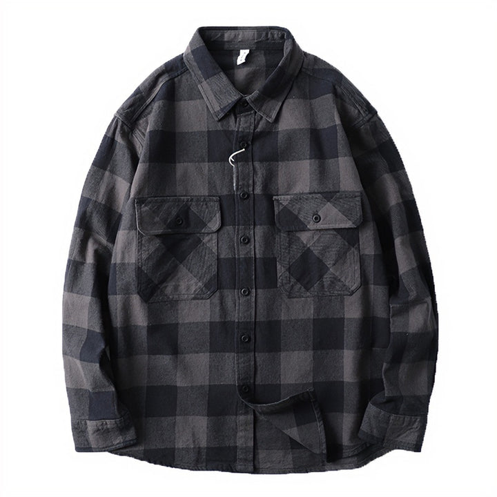 Herren Oversize Kariertes Flanell-Hemdjacke mit aufgesetzten Pattentaschen Echoarchiv