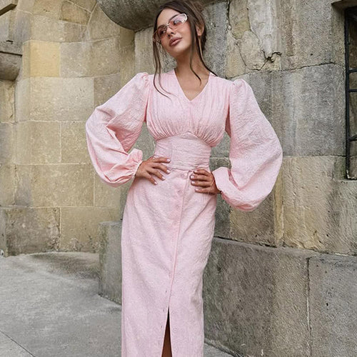 Damen Maxikleid mit Puffärmeln, tailliertem Mieder und Frontknopfleiste Echoarchiv