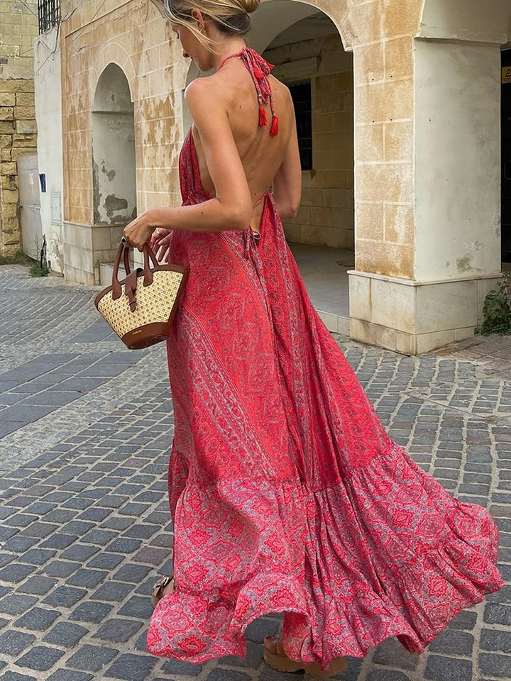 Damen Boho-Maxikleid mit Nackenband, Rückenfreiem Schnitt und Volant – Avérine