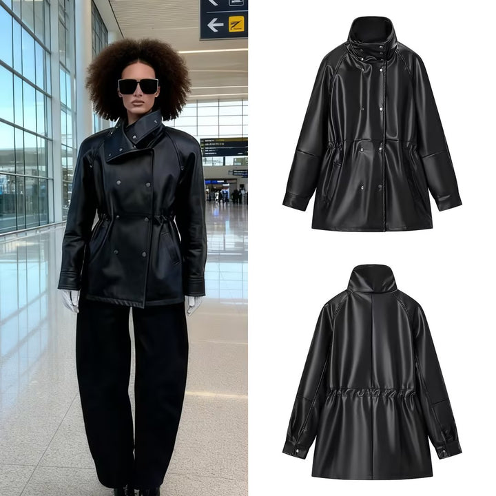 Damen Wasserabweisende Parka‑Jacke aus Kunstleder mit hohem Stehkragen und Tunnelzugtaillierung Echo Archiv